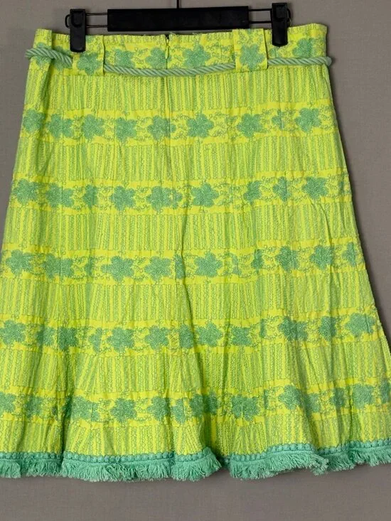 Nanette Lepore Aqua Neon Green Textured Skirt Fringe Hem Belted Size 8 Lined - Picture 2 of 7